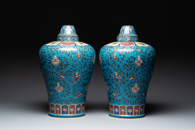 A pair of large Chinese cloisonn&eacute; 'lotus scroll' 'meiping' vases and cover, Republic