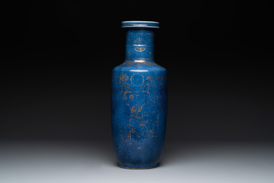 A Chinese gilt-decorated powder blue 'dragon and phoenix' rouleau vase, Kangxi