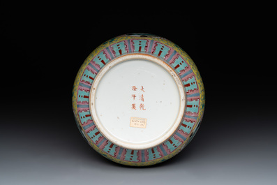 A Chinese famille rose yellow-ground 'dragon and phoenix' vase and a fitted box, Qianlong mark, Republic