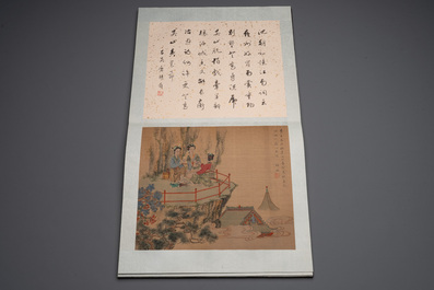 A Chinese album with various figural paintings and calligraphy, signed Wu Shan 吴珊, dated 1904