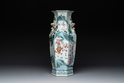 A Chinese Canton famille rose hexagonal vase with narrative design, 19th C.