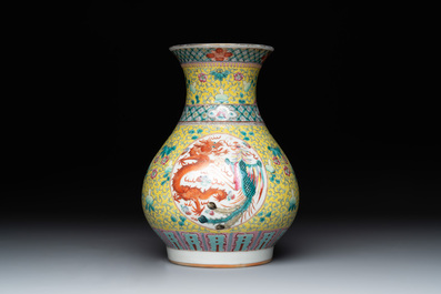 A Chinese famille rose yellow-ground 'dragon and phoenix' vase and a fitted box, Qianlong mark, Republic