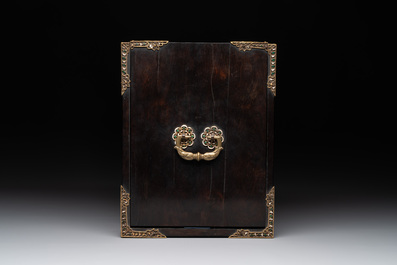 A colonial hardwood writing box with enamelled gold mounts, 18th C.