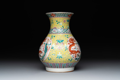 A Chinese famille rose yellow-ground 'dragon and phoenix' vase and a fitted box, Qianlong mark, Republic