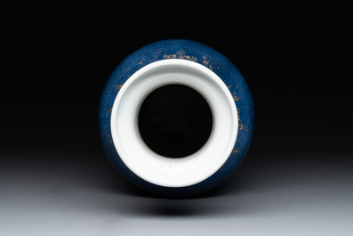 A Chinese gilt-decorated powder blue 'dragon and phoenix' rouleau vase, Kangxi