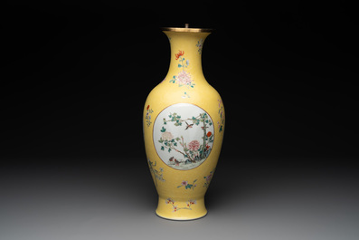 A Chinese famille rose yellow-ground baluster vase, Ju Ren Tang 居仁堂製 mark, Republic