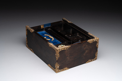 A colonial hardwood writing box with enamelled gold mounts, 18th C.