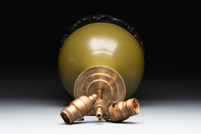 A Chinese monochrome teadust-glazed vase mounted as a lamp, 18/19th C.