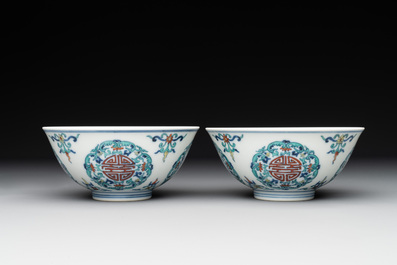 A pair of Chinese doucai 'shou' bowls, Yongzheng mark, 20th C.