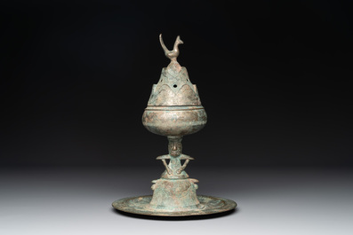 A Chinese bronze 'immortal' 'boshanlu' censer and cover with a tomobako, Western Han
