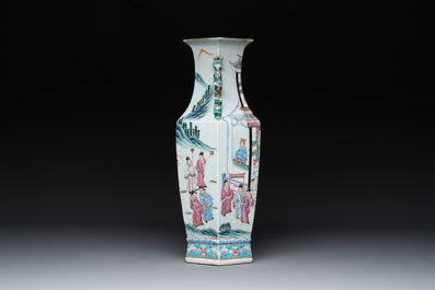 A Chinese Canton famille rose hexagonal vase with narrative design, 19th C.