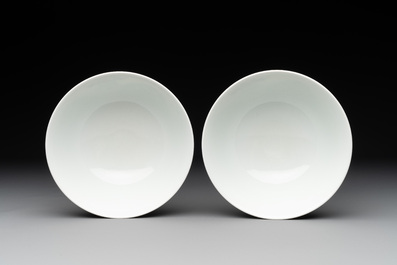 A pair of Chinese doucai 'shou' bowls, Yongzheng mark, 20th C.
