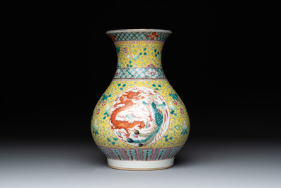 A Chinese famille rose yellow-ground 'dragon and phoenix' vase and a fitted box, Qianlong mark, Republic