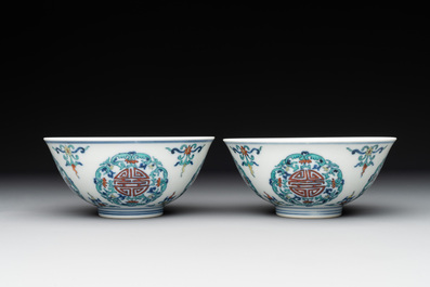 A pair of Chinese doucai 'shou' bowls, Yongzheng mark, 20th C.