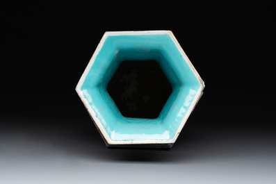 A Chinese Canton famille rose hexagonal vase with narrative design, 19th C.