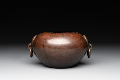 A Chinese bronze water pot with 'Taotie' handles, Xuande mark, 17/18th C.