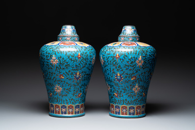A pair of large Chinese cloisonn&eacute; 'lotus scroll' 'meiping' vases and cover, Republic