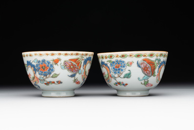 Five Chinese famille rose 'Madame de Pompadour' cups and two saucers, Qianlong, ca. 1745