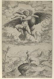 An Italian maiolica istoriato crespina with the Abduction of Ganymede, probably Rimini, ca. 1570