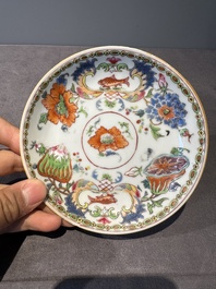 Five Chinese famille rose 'Madame de Pompadour' cups and two saucers, Qianlong, ca. 1745