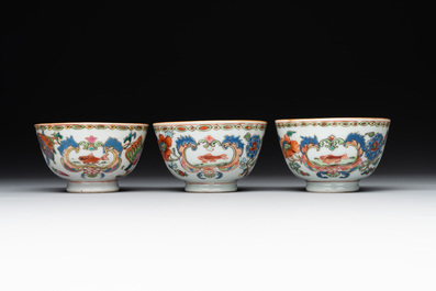 Five Chinese famille rose 'Madame de Pompadour' cups and two saucers, Qianlong, ca. 1745
