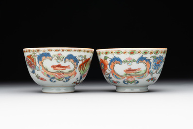Five Chinese famille rose 'Madame de Pompadour' cups and two saucers, Qianlong, ca. 1745