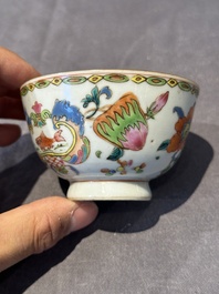 Five Chinese famille rose 'Madame de Pompadour' cups and two saucers, Qianlong, ca. 1745