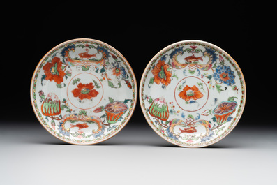 Five Chinese famille rose 'Madame de Pompadour' cups and two saucers, Qianlong, ca. 1745