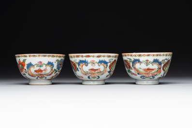 Five Chinese famille rose 'Madame de Pompadour' cups and two saucers, Qianlong, ca. 1745