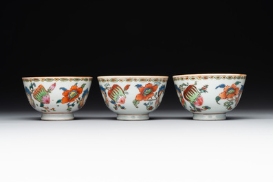 Five Chinese famille rose 'Madame de Pompadour' cups and two saucers, Qianlong, ca. 1745