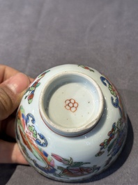 Five Chinese famille rose 'Madame de Pompadour' cups and two saucers, Qianlong, ca. 1745