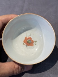Five Chinese famille rose 'Madame de Pompadour' cups and two saucers, Qianlong, ca. 1745
