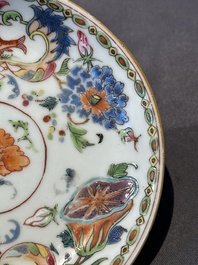 Five Chinese famille rose 'Madame de Pompadour' cups and two saucers, Qianlong, ca. 1745