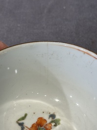 Five Chinese famille rose 'Madame de Pompadour' cups and two saucers, Qianlong, ca. 1745
