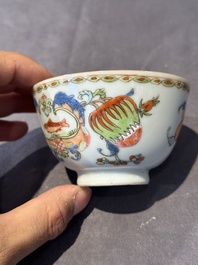 Five Chinese famille rose 'Madame de Pompadour' cups and two saucers, Qianlong, ca. 1745
