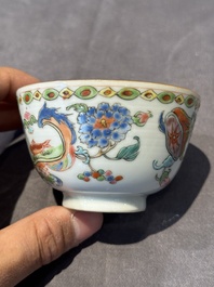 Five Chinese famille rose 'Madame de Pompadour' cups and two saucers, Qianlong, ca. 1745