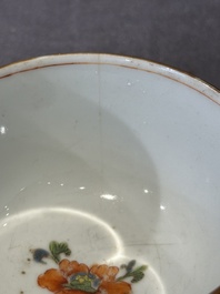 Five Chinese famille rose 'Madame de Pompadour' cups and two saucers, Qianlong, ca. 1745