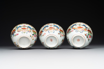 Five Chinese famille rose 'Madame de Pompadour' cups and two saucers, Qianlong, ca. 1745