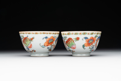 Five Chinese famille rose 'Madame de Pompadour' cups and two saucers, Qianlong, ca. 1745