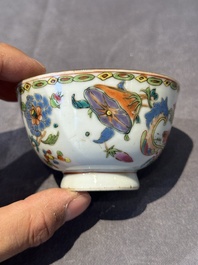 Five Chinese famille rose 'Madame de Pompadour' cups and two saucers, Qianlong, ca. 1745