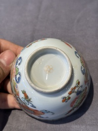 Five Chinese famille rose 'Madame de Pompadour' cups and two saucers, Qianlong, ca. 1745