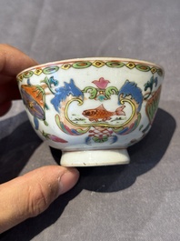 Five Chinese famille rose 'Madame de Pompadour' cups and two saucers, Qianlong, ca. 1745