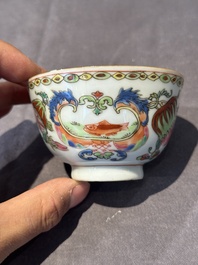 Five Chinese famille rose 'Madame de Pompadour' cups and two saucers, Qianlong, ca. 1745