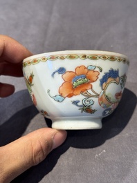 Five Chinese famille rose 'Madame de Pompadour' cups and two saucers, Qianlong, ca. 1745
