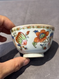 Five Chinese famille rose 'Madame de Pompadour' cups and two saucers, Qianlong, ca. 1745