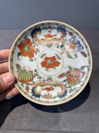 Five Chinese famille rose 'Madame de Pompadour' cups and two saucers, Qianlong, ca. 1745
