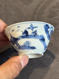 Four Chinese blue and white 'landscape' cups and saucers, Kangxi