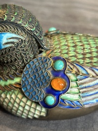 A Chinese precious stone inset, enamelled and filigree silver mandarin duck-form box and cover, 19/20th C.
