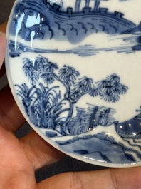Four Chinese blue and white 'landscape' cups and saucers, Kangxi