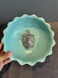 A Chinese famille rose 'lotus' bowl with turtle-shaped flower holder, Qianlong mark and of the period
